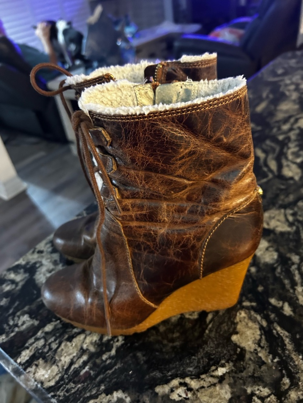 Michael Kors Brown Lace-Up Wedge Ankle Boots with Shearling Trim